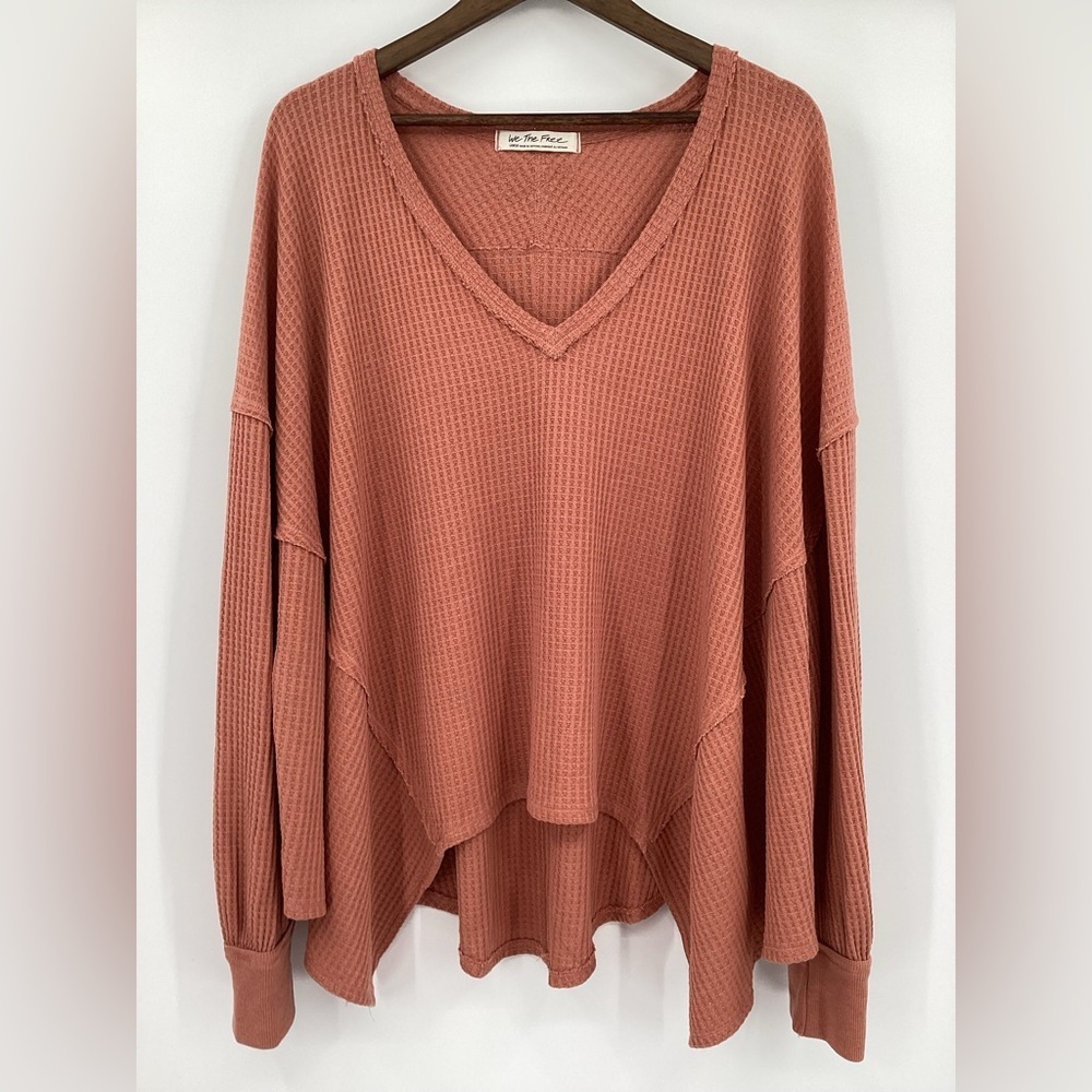 We The Free Oversized Waffle V-Neck Sweater in Dusty Terracotta - Picture 2 of 10